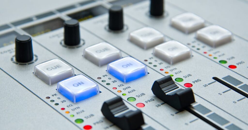 Detailed view of audio mixing console with knobs and buttons for music and sound control.